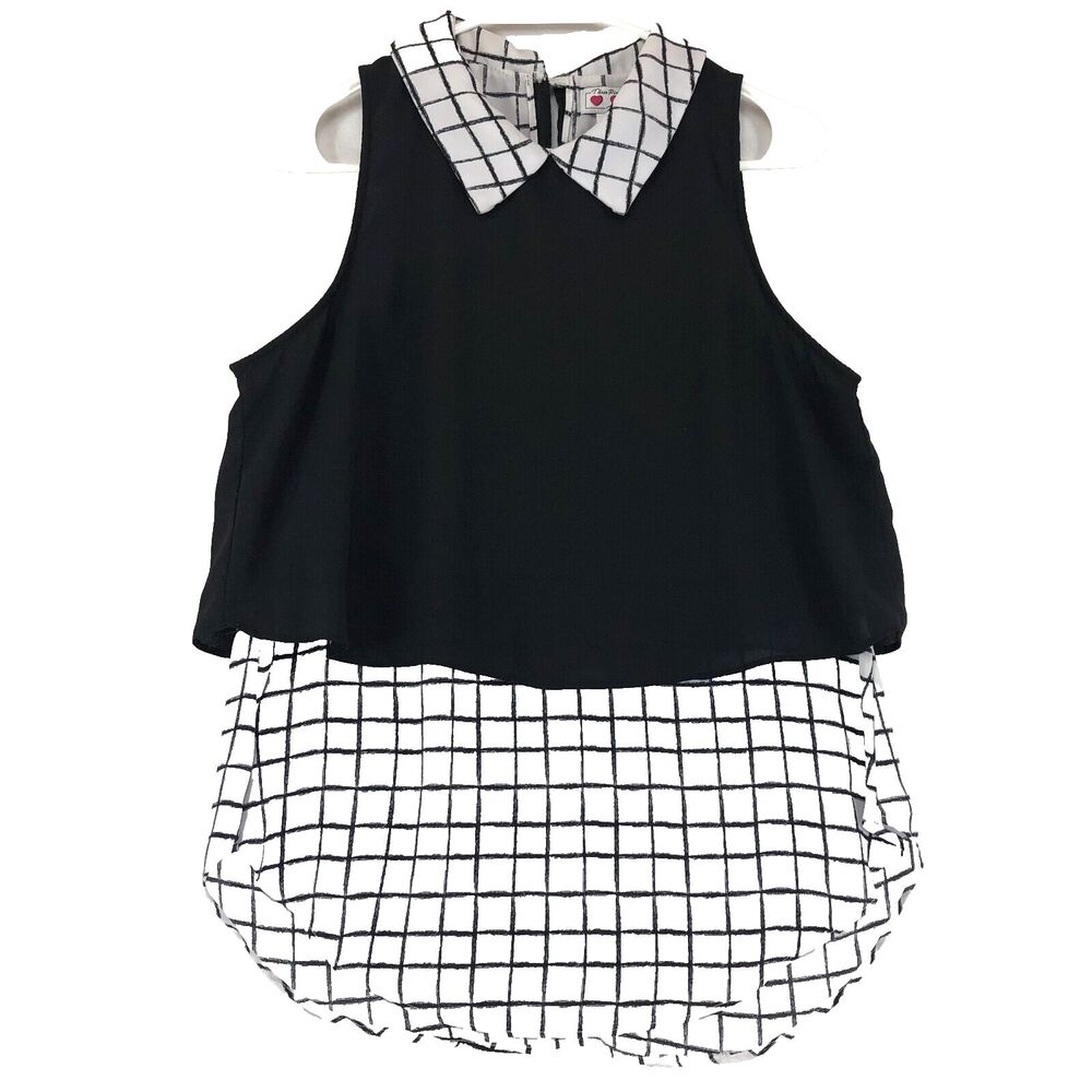 Trixxi Three Pink Hearts Blouse Top Womens Sz M Black & White Layered RN 105289